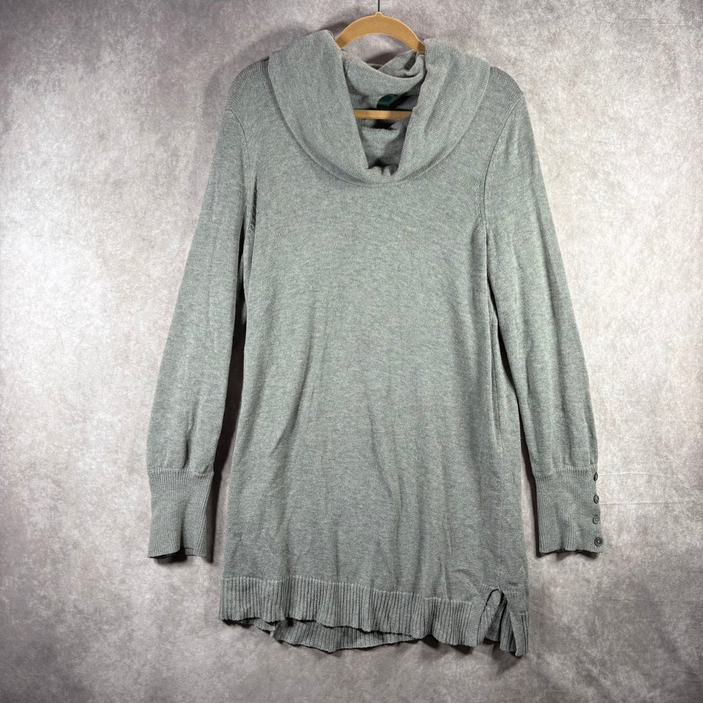 Lauren Ralph Lauren Sweater Women 1X Gray Cowl Neck Wool Blend Tunic Button Cuff
